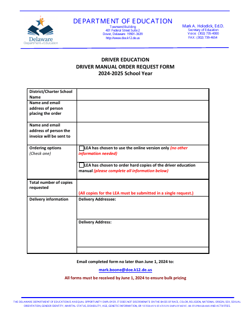Driver Manual Order Request Form - Delaware, 2025