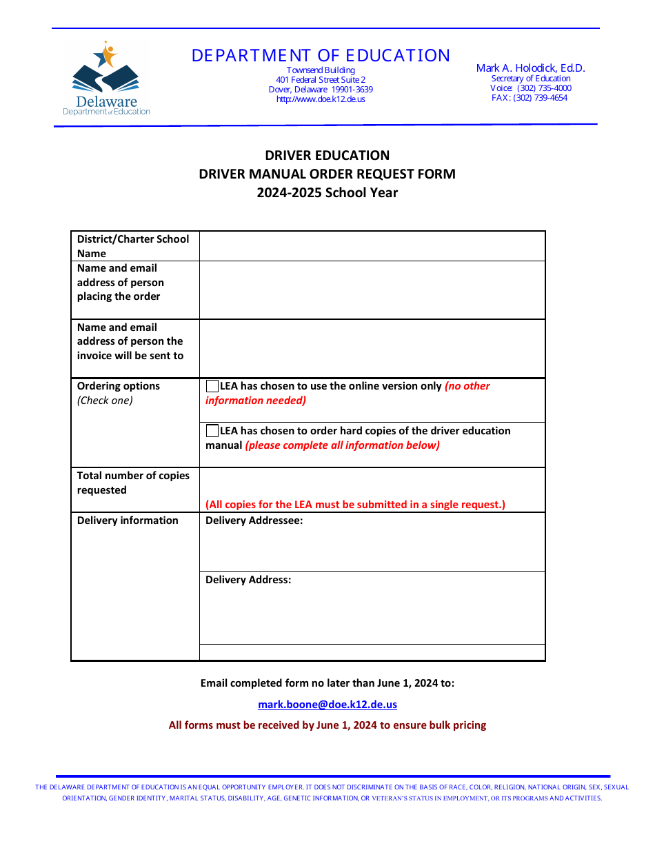 2025 Delaware Driver Manual Order Request Form Fill Out, Sign Online and Download PDF