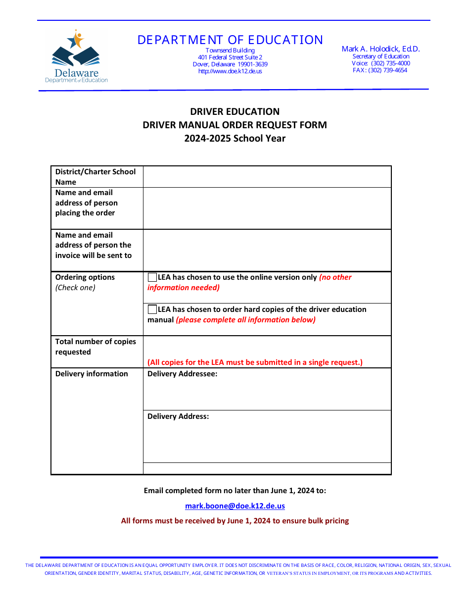 Driver Manual Order Request Form - Delaware, Page 1