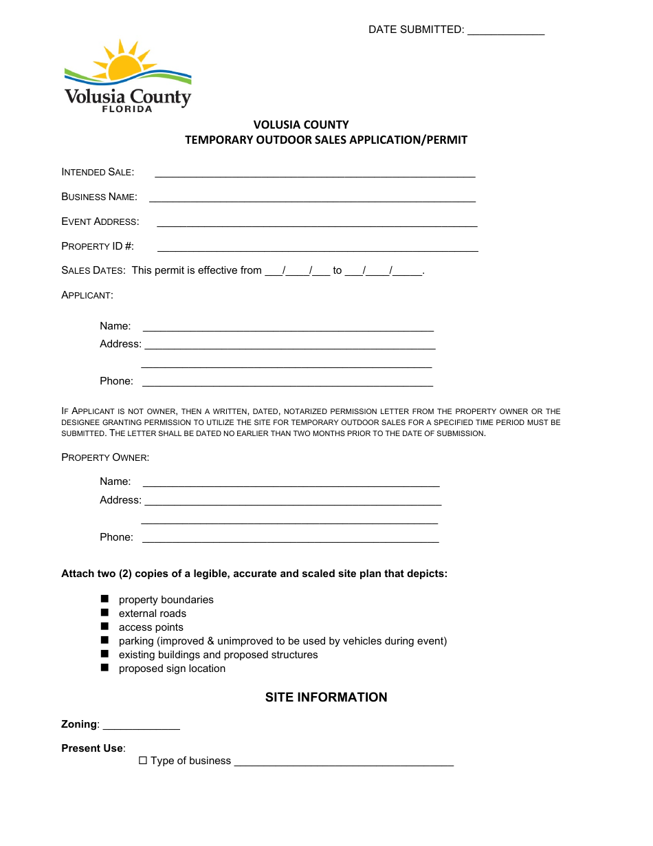 Temporary Outdoor Sales Application / Permit - Volusia County, Florida, Page 1