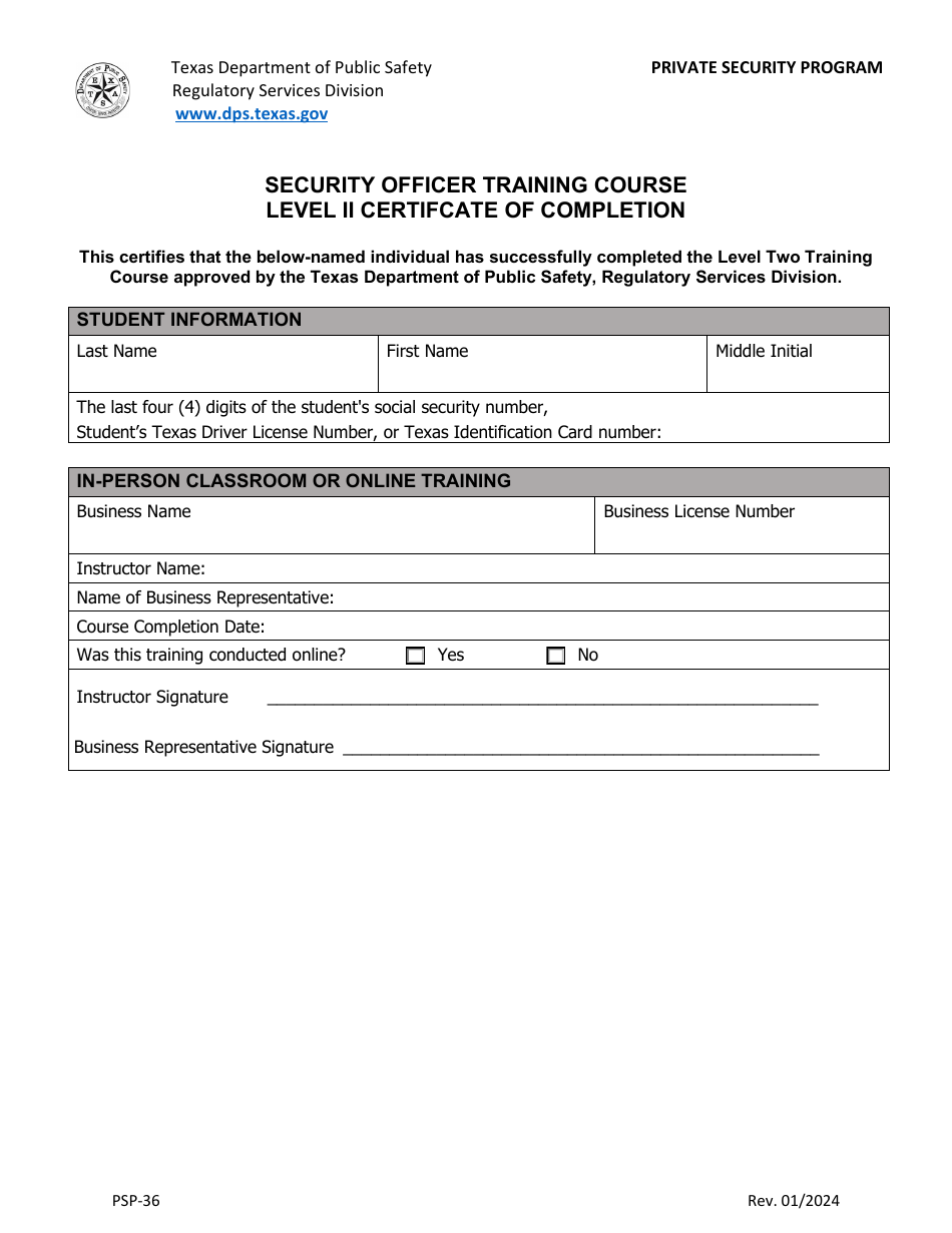 Form PSP-36 Security Officer Training Course Level II Certifcate of Completion - Private Security Program - Texas, Page 1