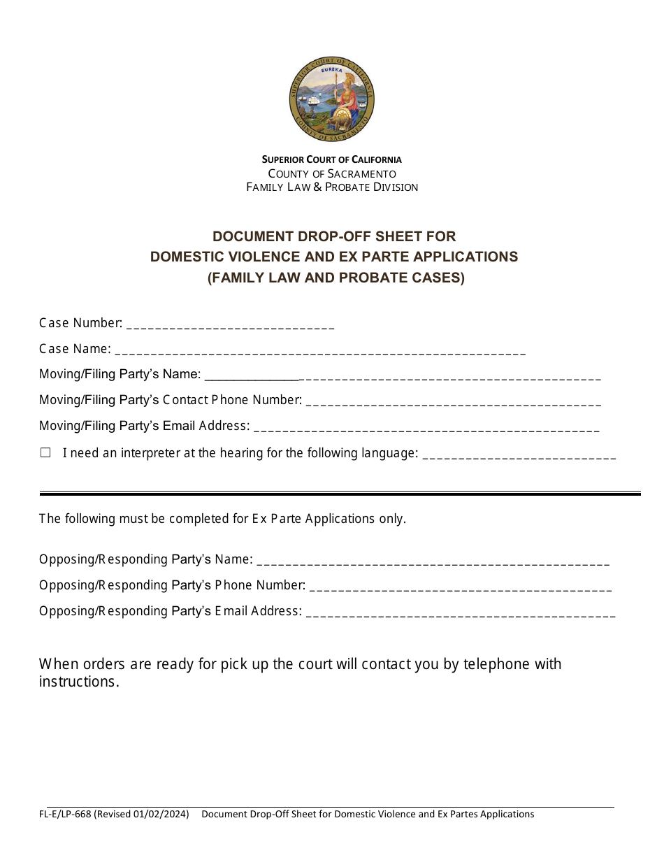 Form FL-E / LP-668 Document Drop-Off Sheet for Domestic Violence and Ex Parte Applications (Family Law and Probate Cases) - County of Sacramento, California, Page 1
