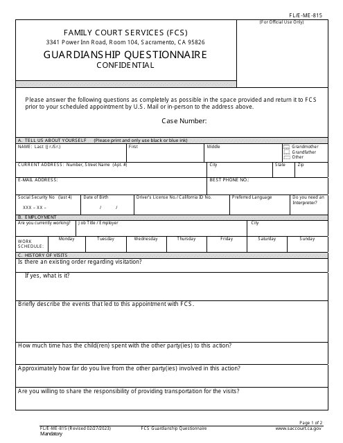 Form FL/E-ME-815 Family Court Services (Fcs) Guardianship Questionnaire - County of Sacramento, California