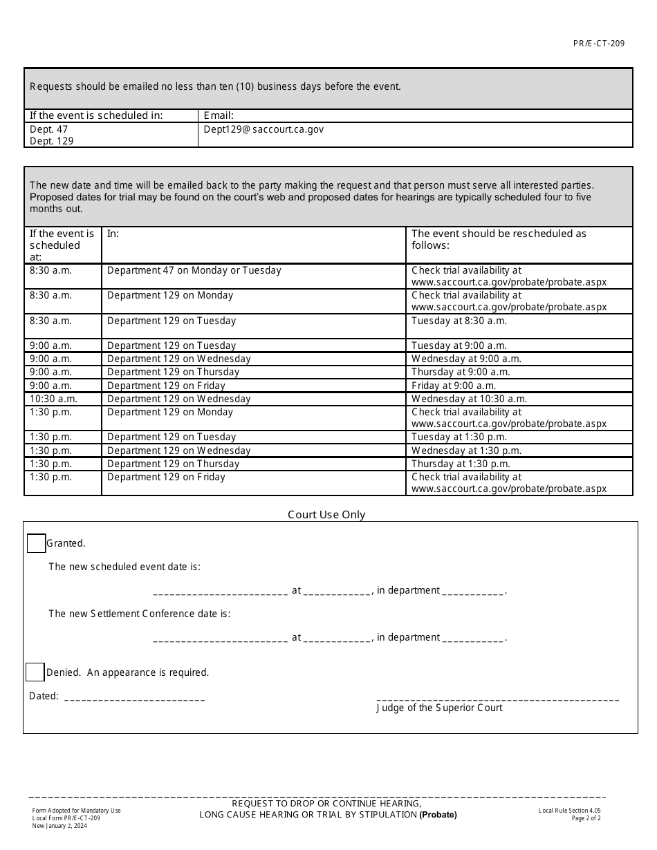 Form PR / E-CT-209 Request to Drop or Continue Hearing, Long Cause Hearing or Trial by Stipulation (Probate) - County of Sacramento, California, Page 2