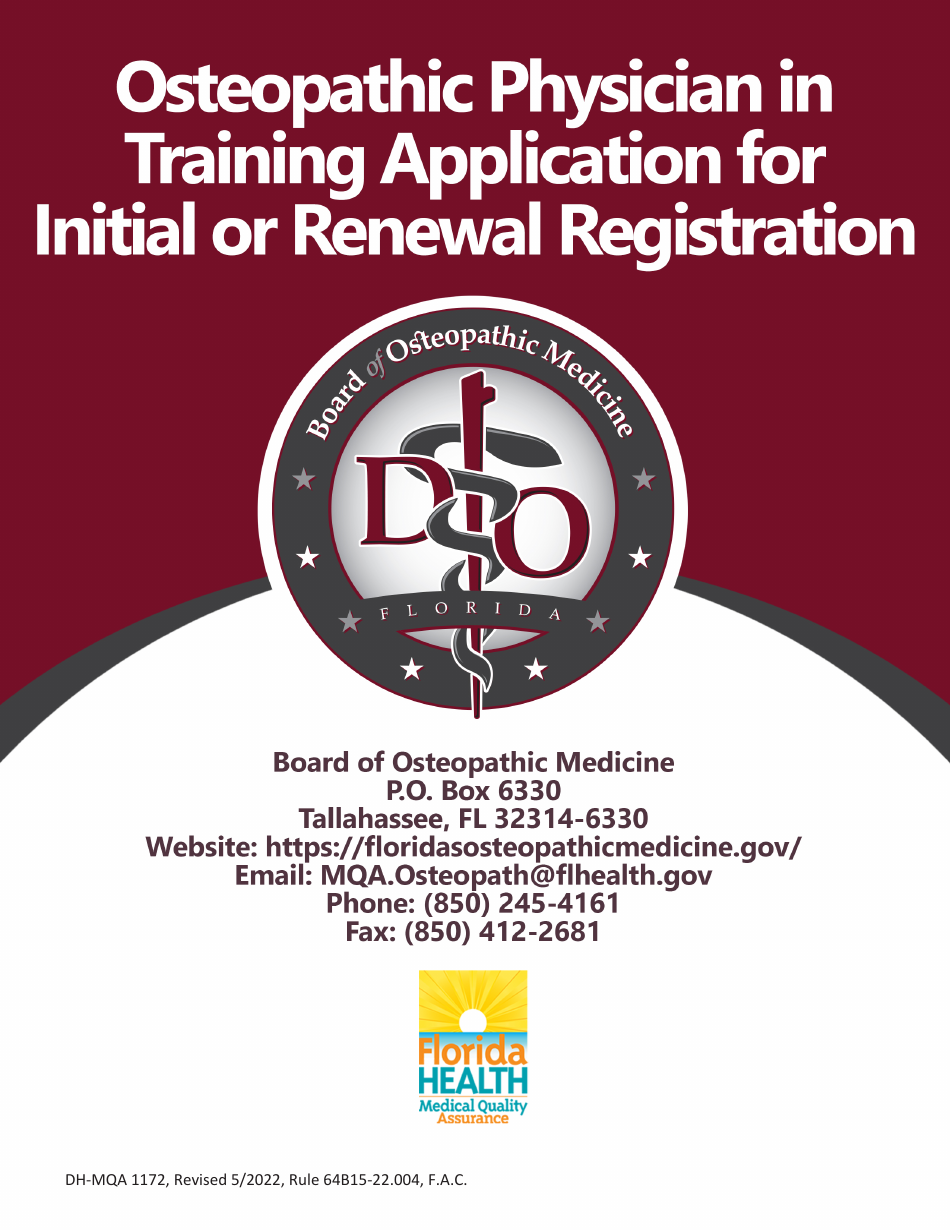 Form DH-MQA1172 Osteopathic Physician in Training Application for Initial or Renewal Registration - Florida, Page 1