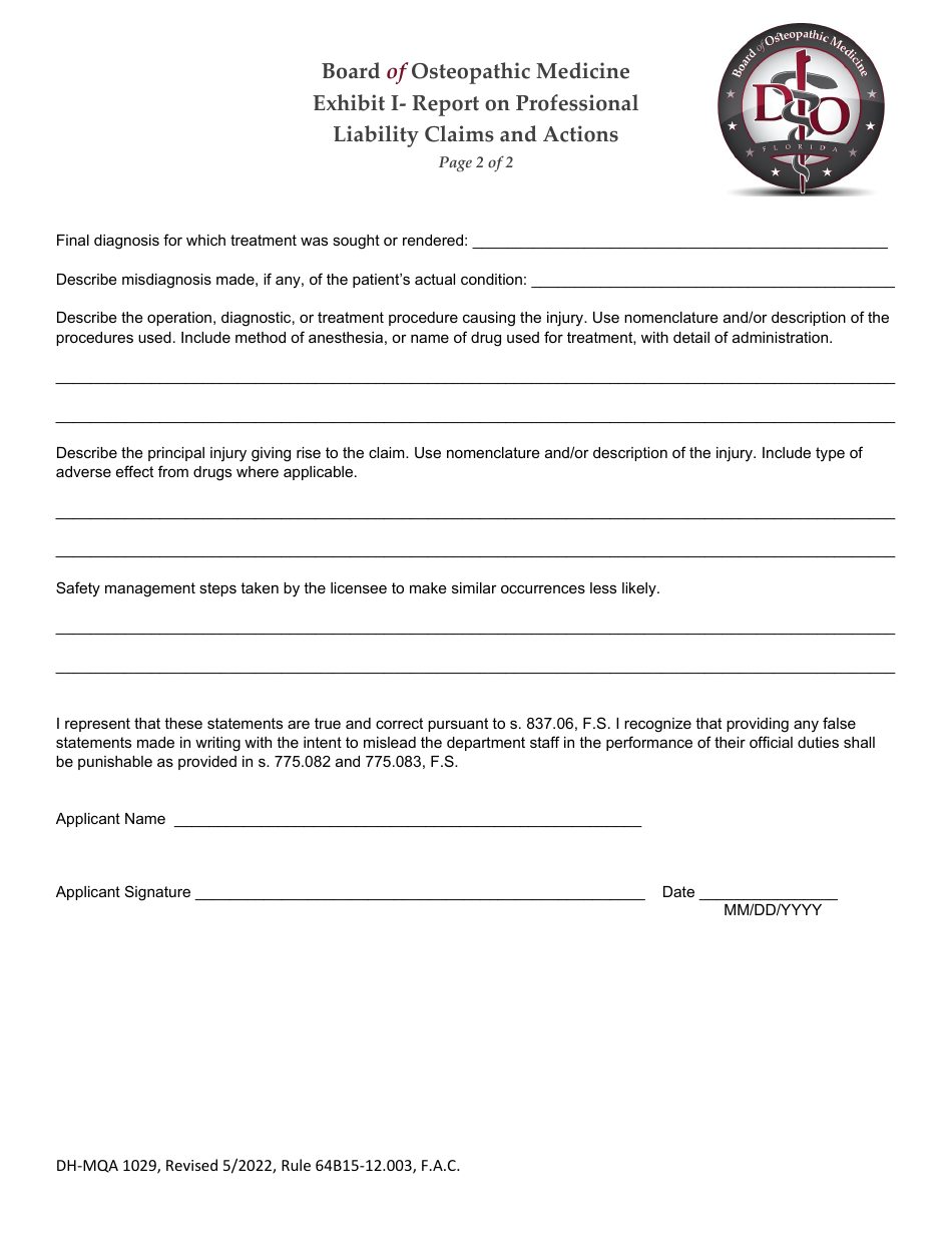 Form DH-MQA1029 Exhibit I Report on Professional Liability Claims and Actions - Florida, Page 2