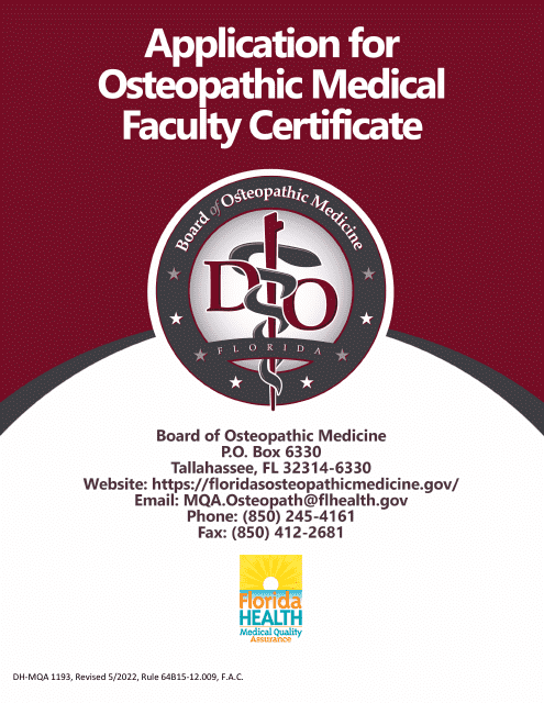 Form DH-MQA1193 Application for Osteopathic Medical Faculty Certificate - Florida
