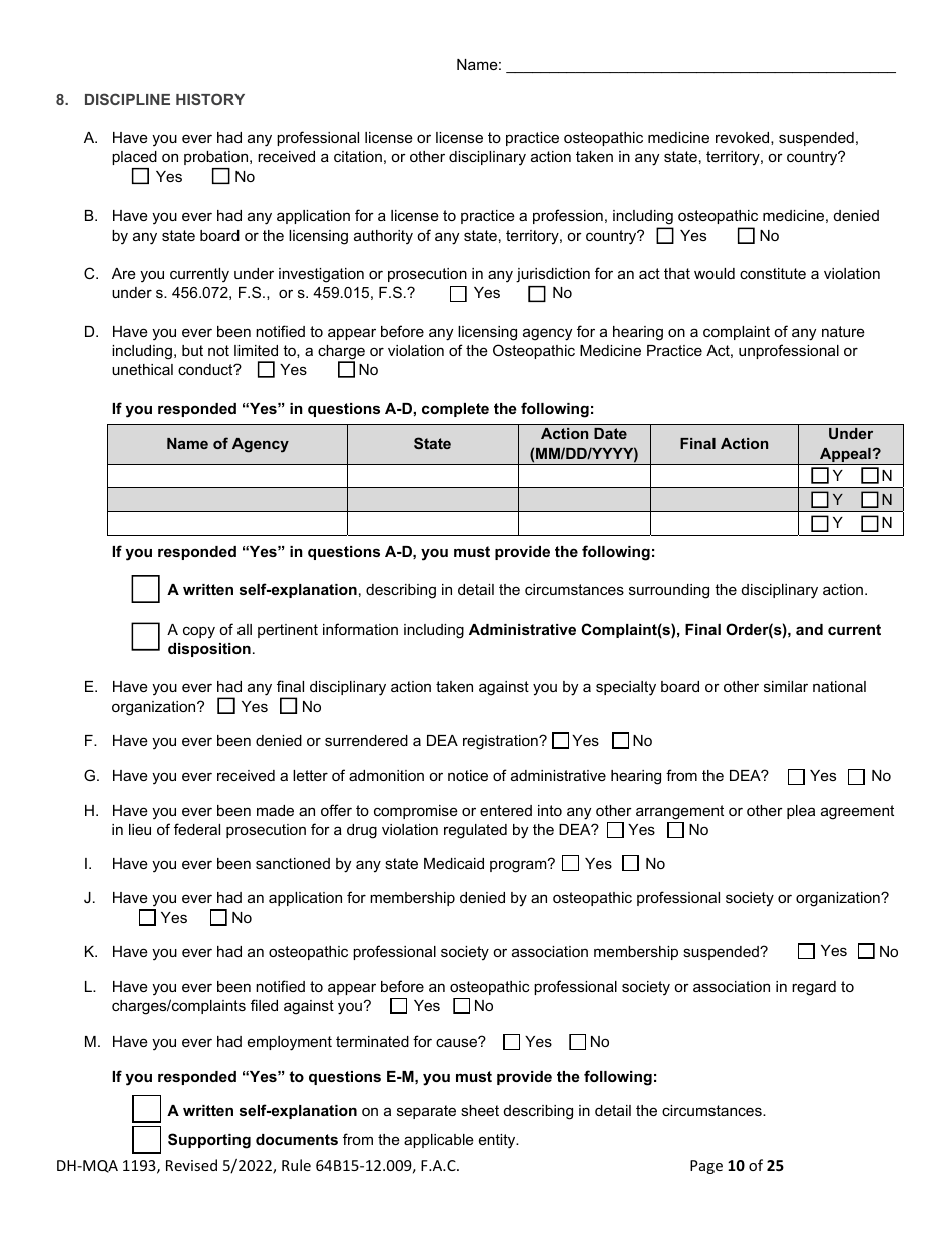 Form DH-MQA1193 Application for Osteopathic Medical Faculty Certificate - Florida, Page 10