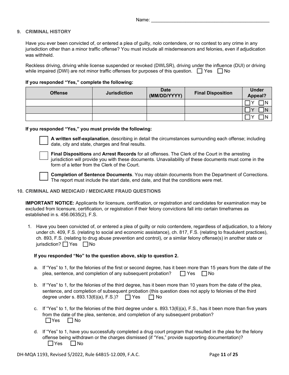 Form DH-MQA1193 Application for Osteopathic Medical Faculty Certificate - Florida, Page 11