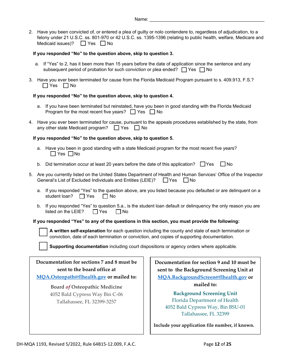 Form DH-MQA1193 Application for Osteopathic Medical Faculty Certificate - Florida, Page 12