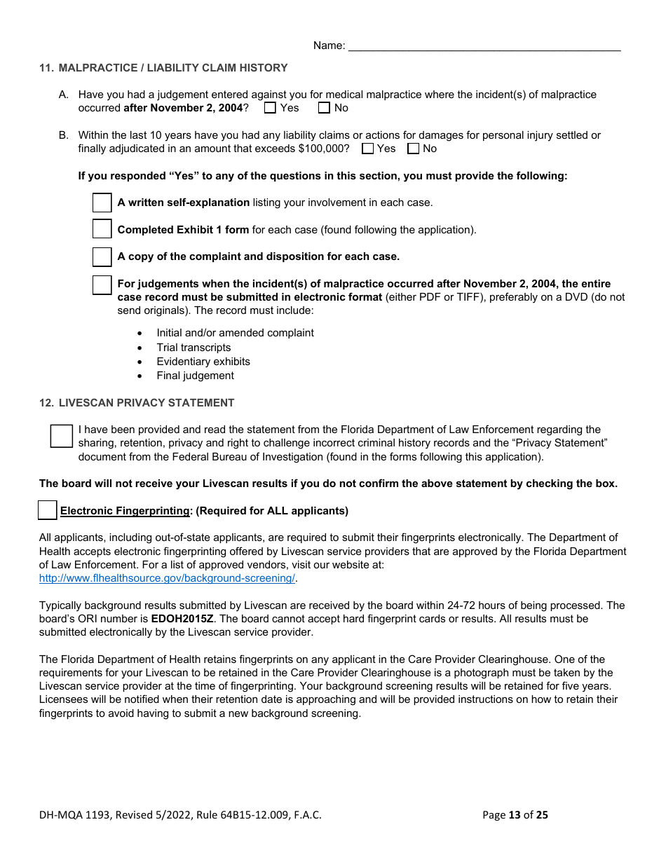 Form DH-MQA1193 Application for Osteopathic Medical Faculty Certificate - Florida, Page 13