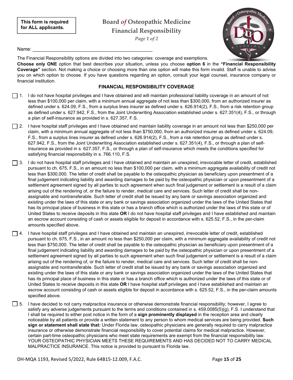 Form DH-MQA1193 Application for Osteopathic Medical Faculty Certificate - Florida, Page 15