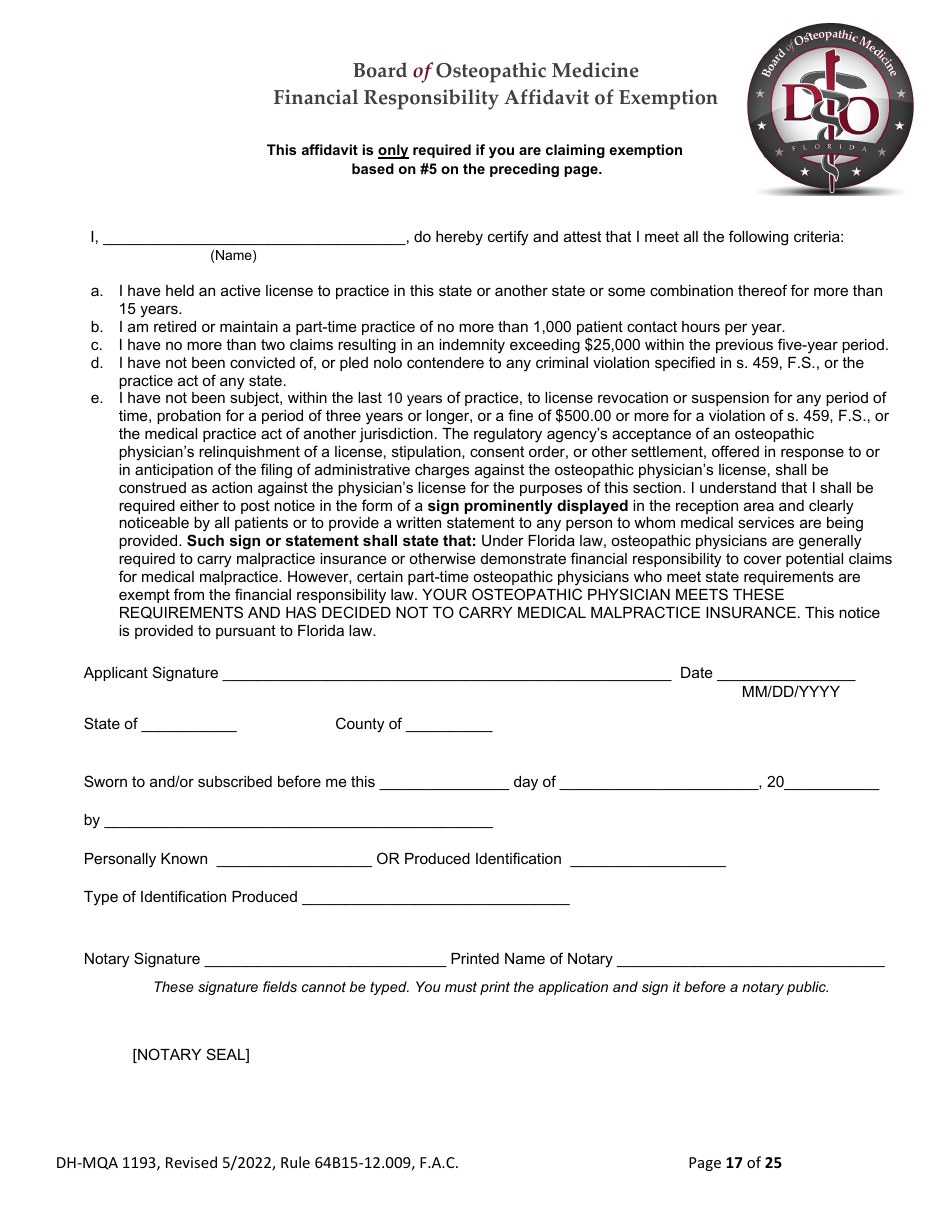 Form DH-MQA1193 Application for Osteopathic Medical Faculty Certificate - Florida, Page 17
