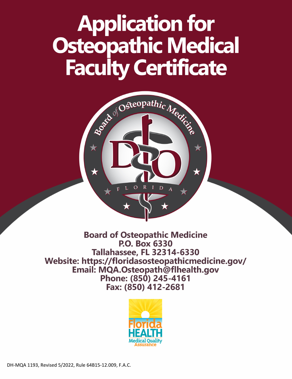 Form DH-MQA1193 Application for Osteopathic Medical Faculty Certificate - Florida, Page 1