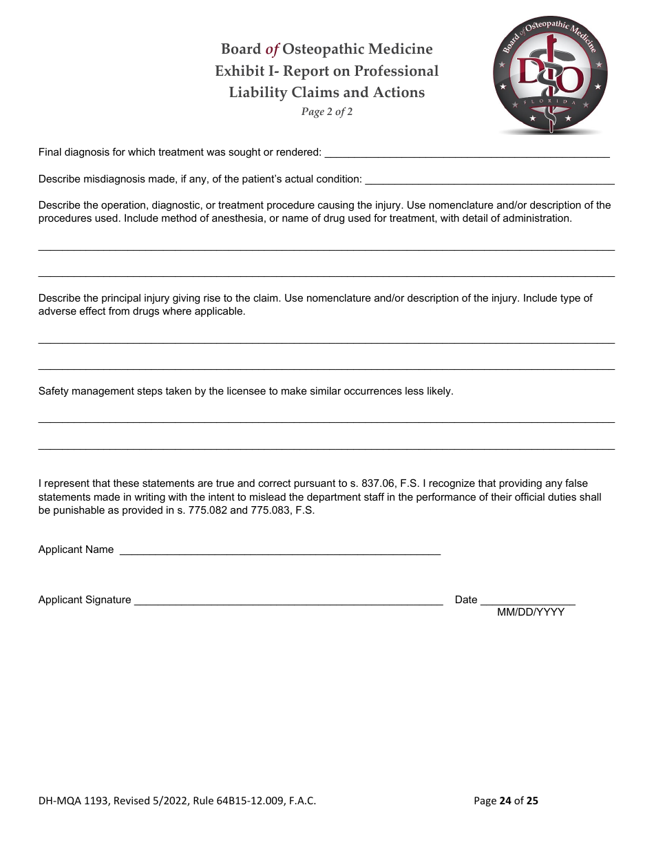 Form DH-MQA1193 Application for Osteopathic Medical Faculty Certificate - Florida, Page 24
