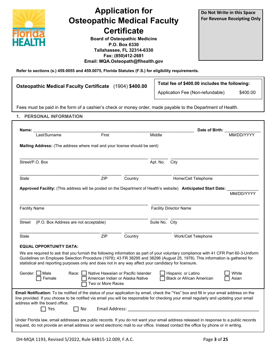 Form DH-MQA1193 Application for Osteopathic Medical Faculty Certificate - Florida, Page 3
