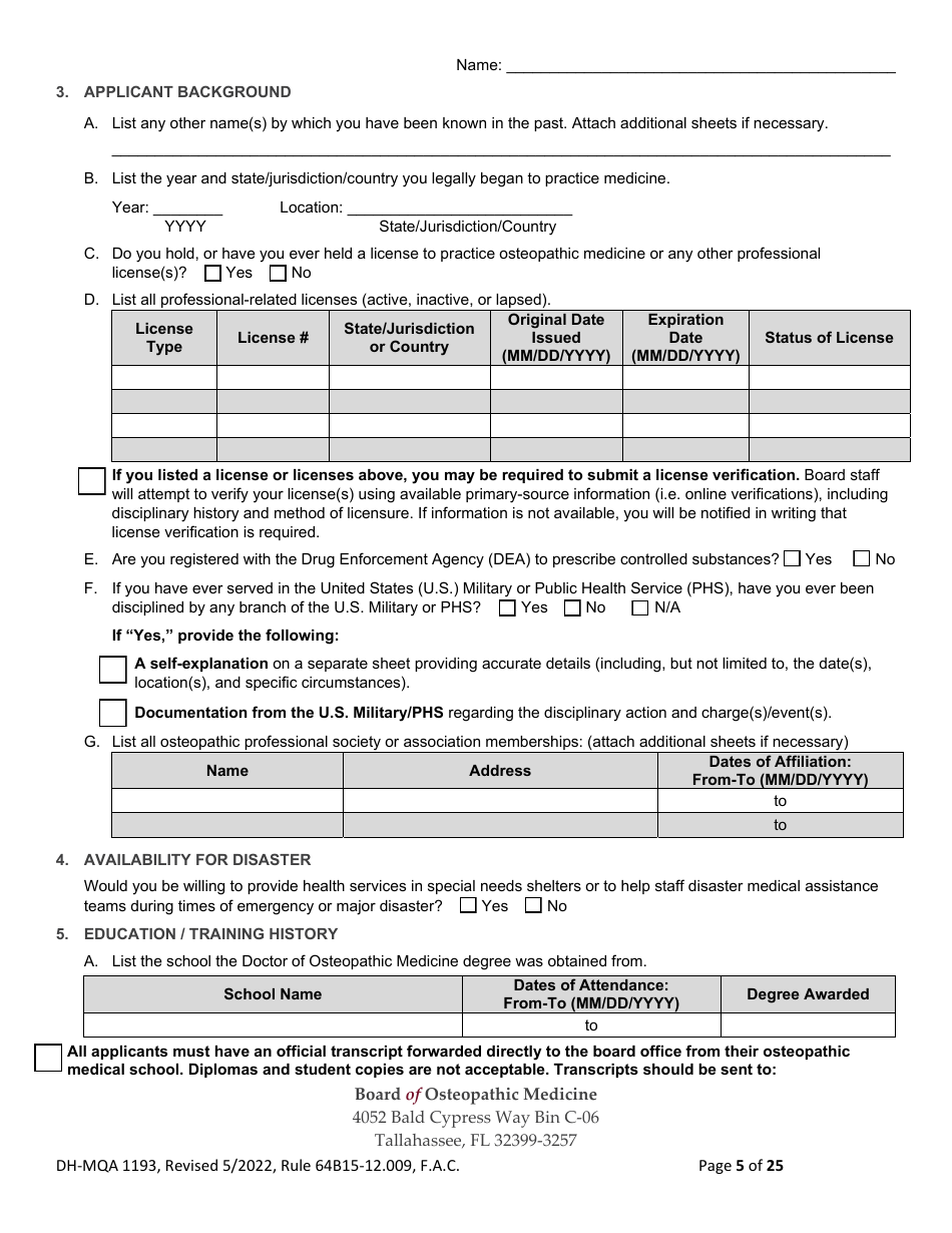 Form DH-MQA1193 Application for Osteopathic Medical Faculty Certificate - Florida, Page 5