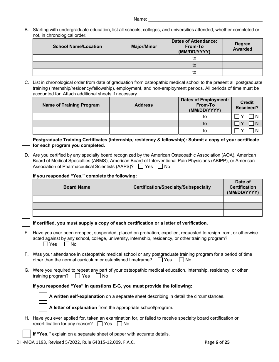 Form DH-MQA1193 Application for Osteopathic Medical Faculty Certificate - Florida, Page 6