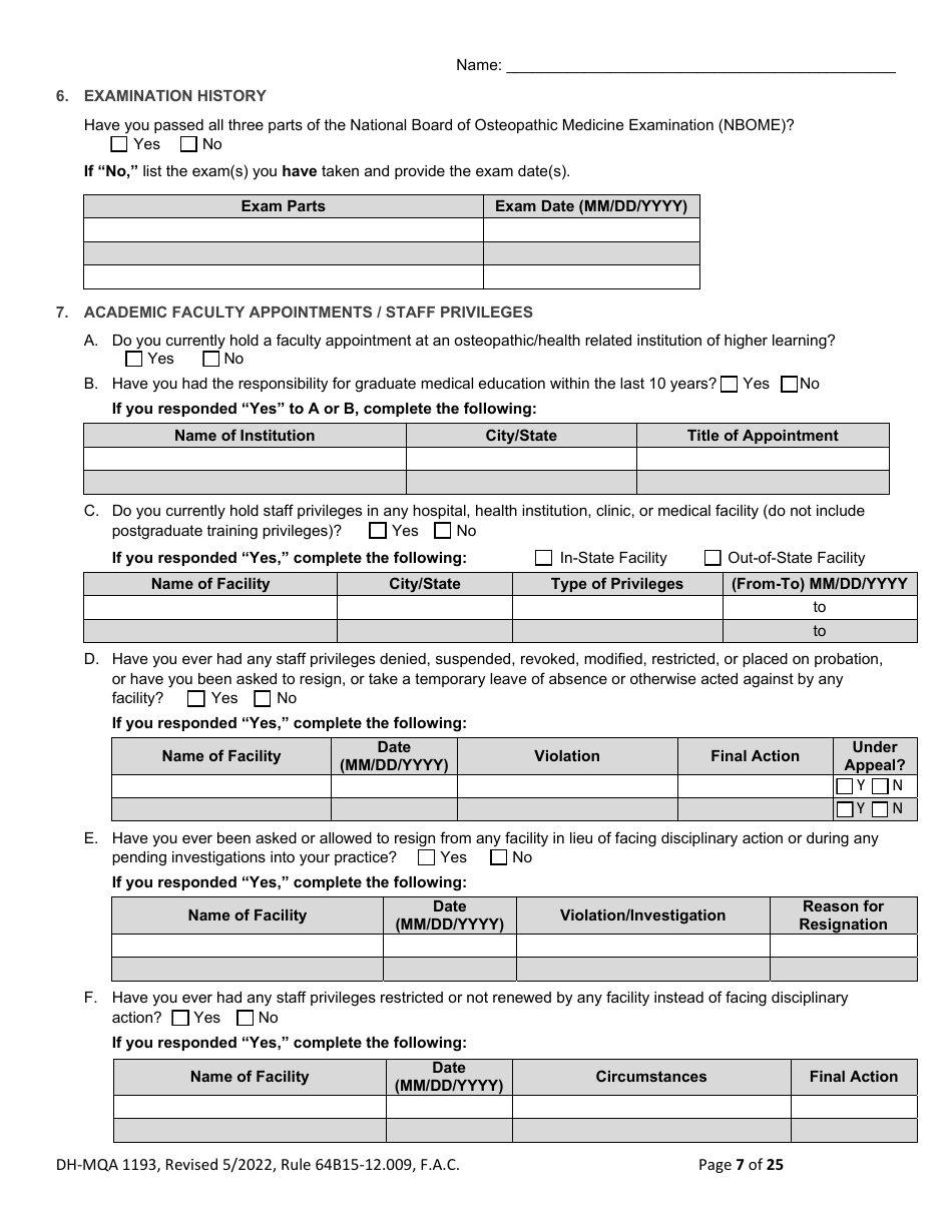 Form DH-MQA1193 Application for Osteopathic Medical Faculty Certificate - Florida, Page 7