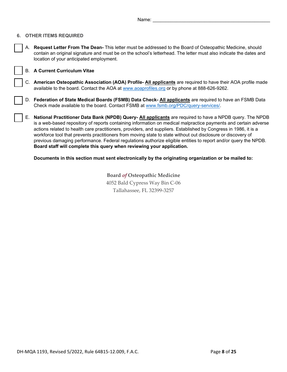 Form DH-MQA1193 Application for Osteopathic Medical Faculty Certificate - Florida, Page 8