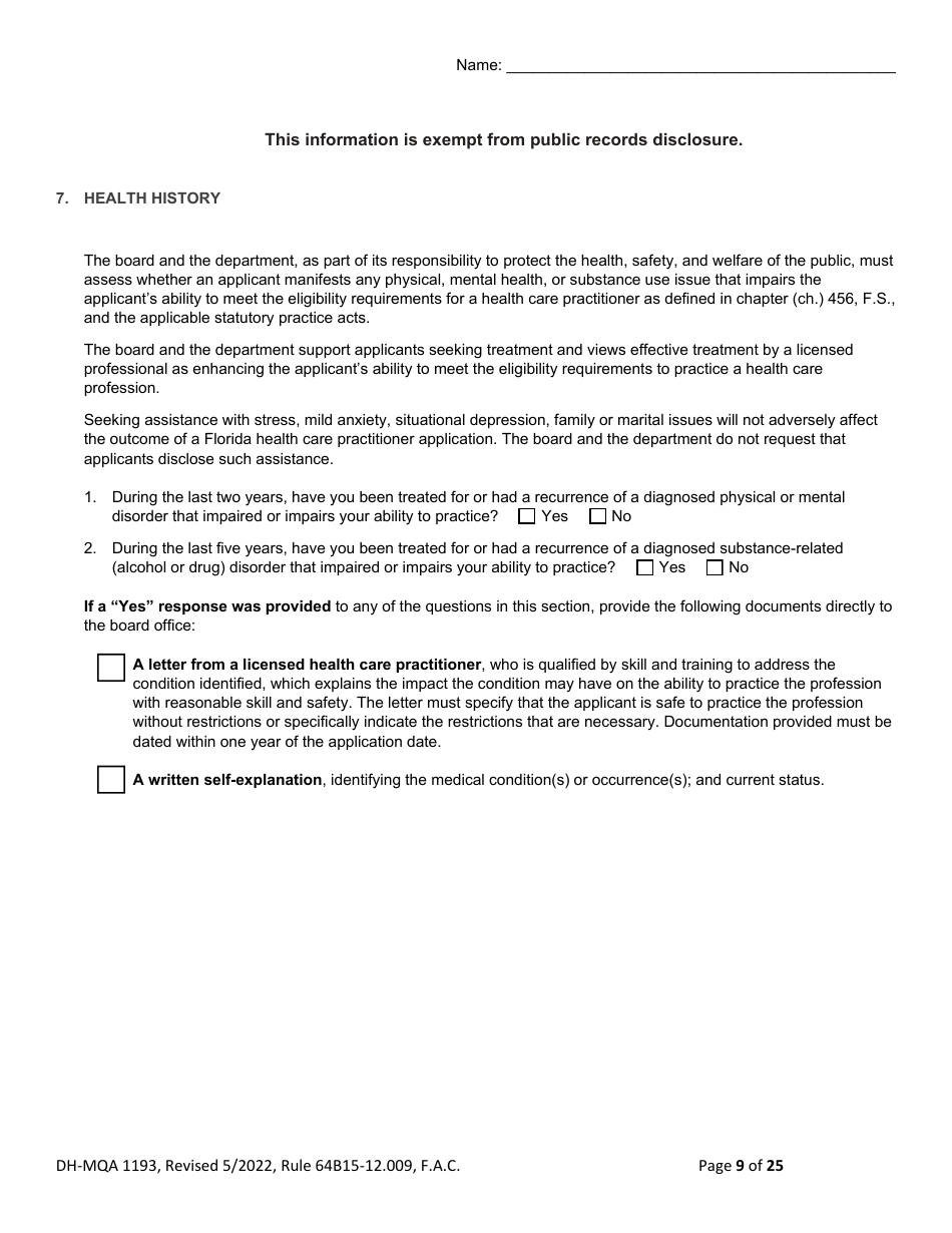 Form DH-MQA1193 Application for Osteopathic Medical Faculty Certificate - Florida, Page 9