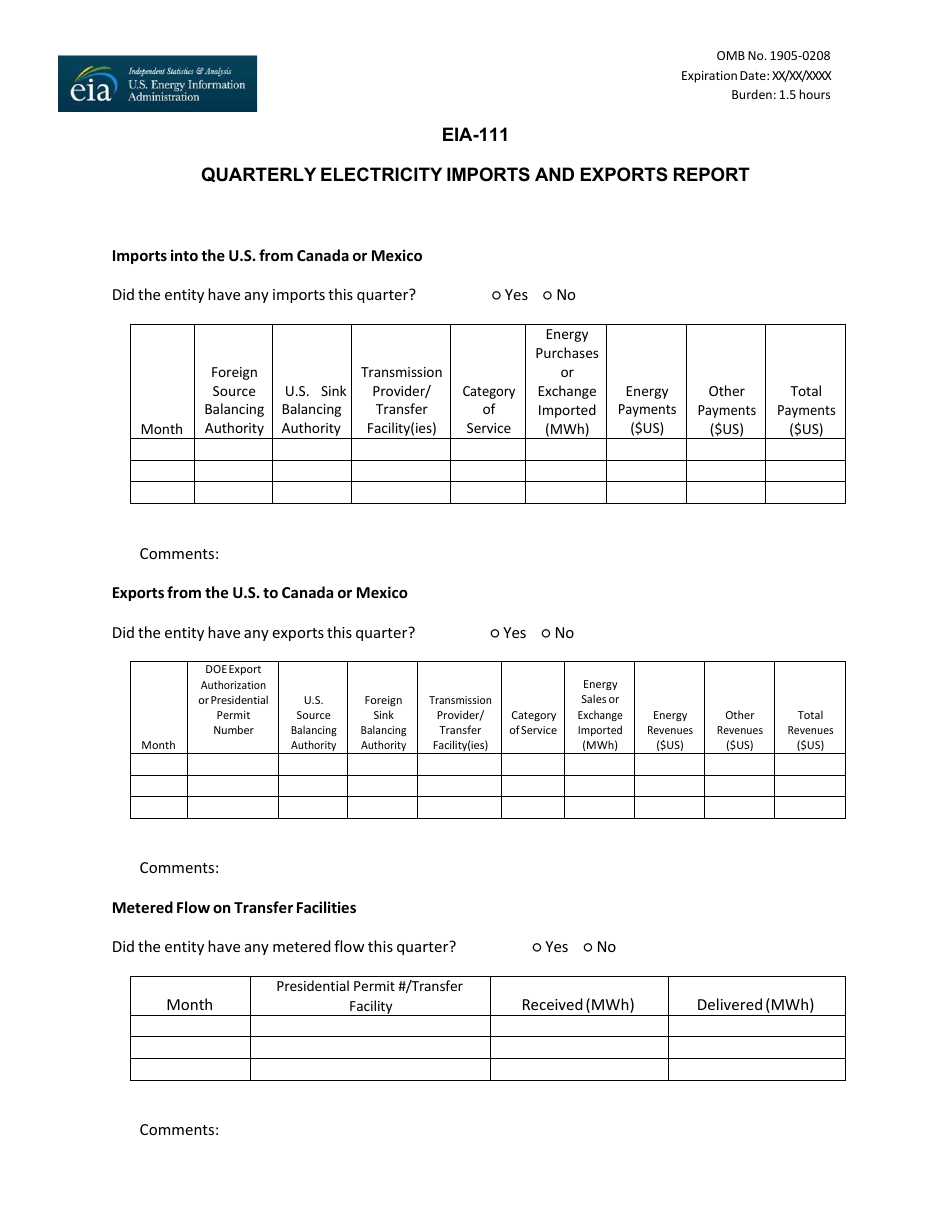 Form EIA-111 Quarterly Electricity Imports and Exports Report, Page 1