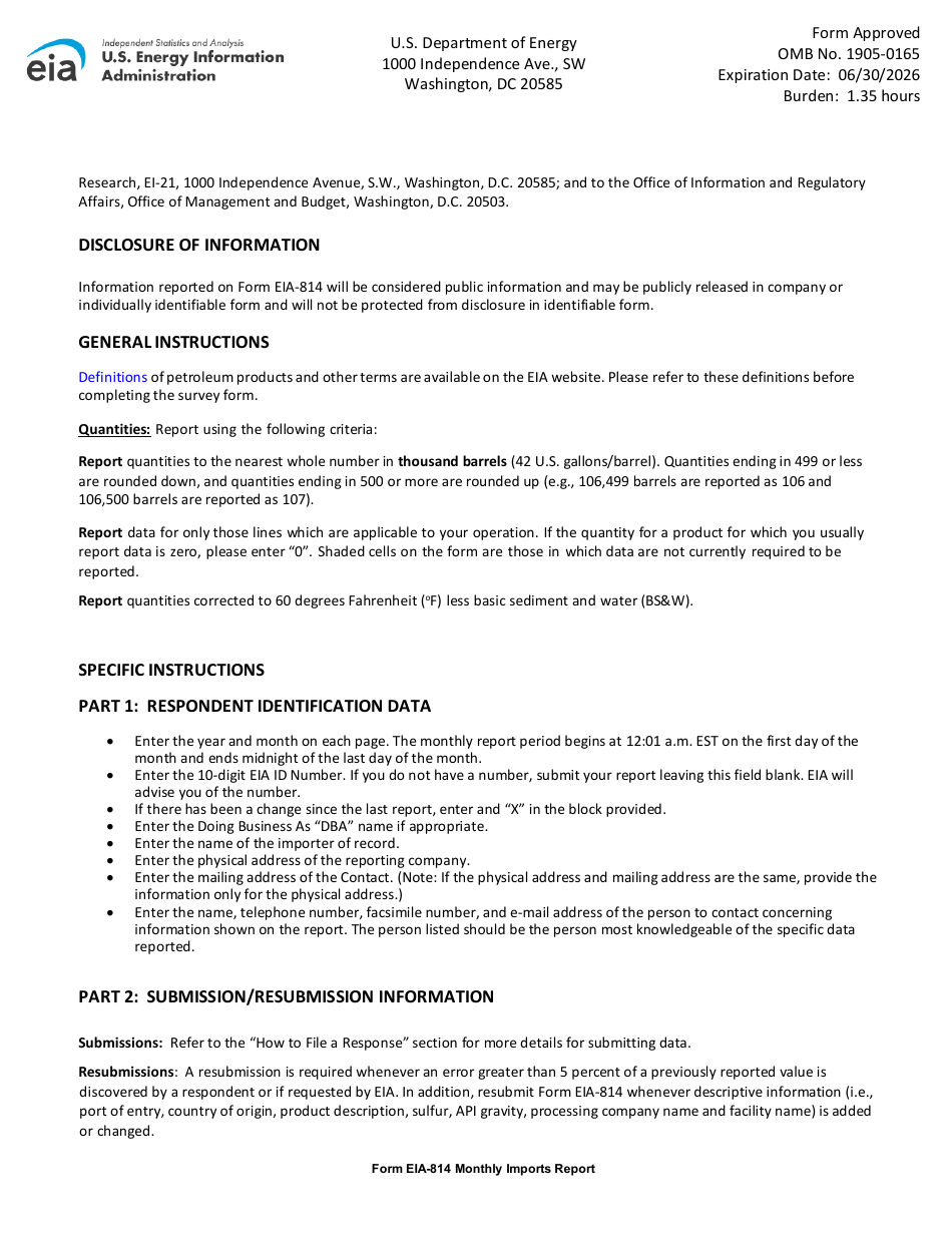 Instructions for Form EIA-814 Monthly Imports Report, Page 3