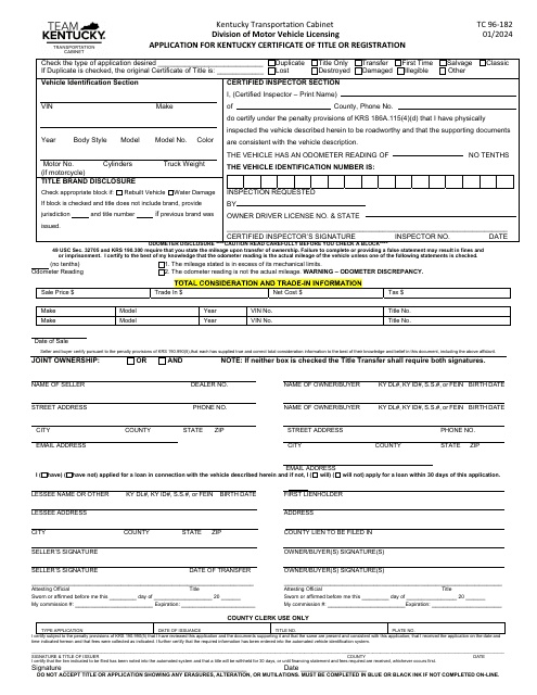 Form TC96-182 Application for Kentucky Certificate of Title or Registration - Kentucky