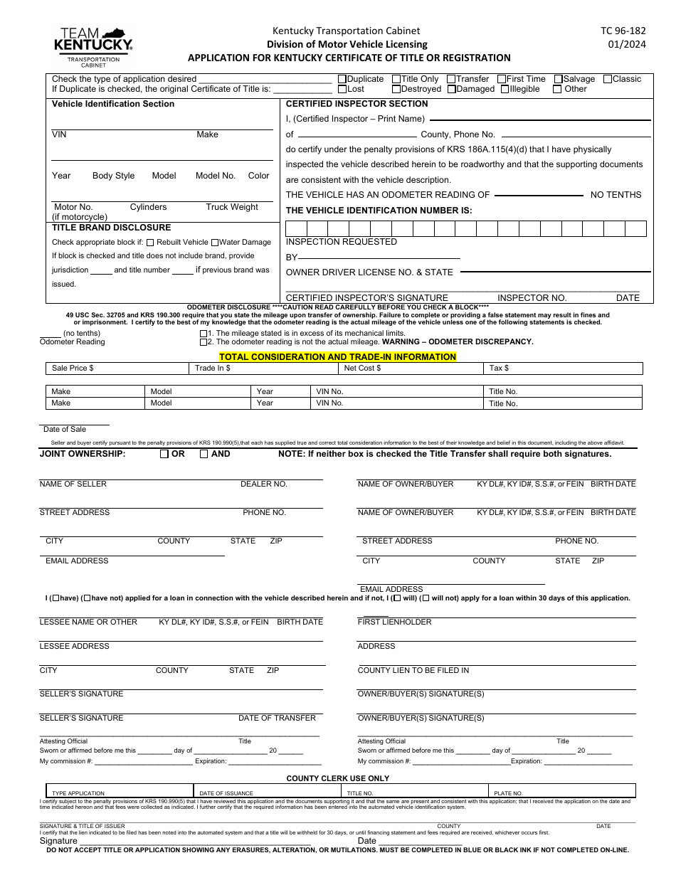 Form TC96-182 Application for Kentucky Certificate of Title or Registration - Kentucky, Page 1