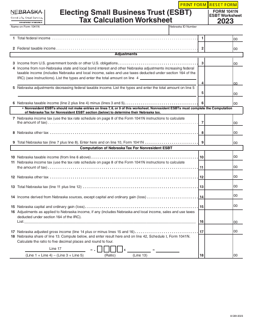 Form 1041N Worksheet ESBT 2023 Printable Pdf