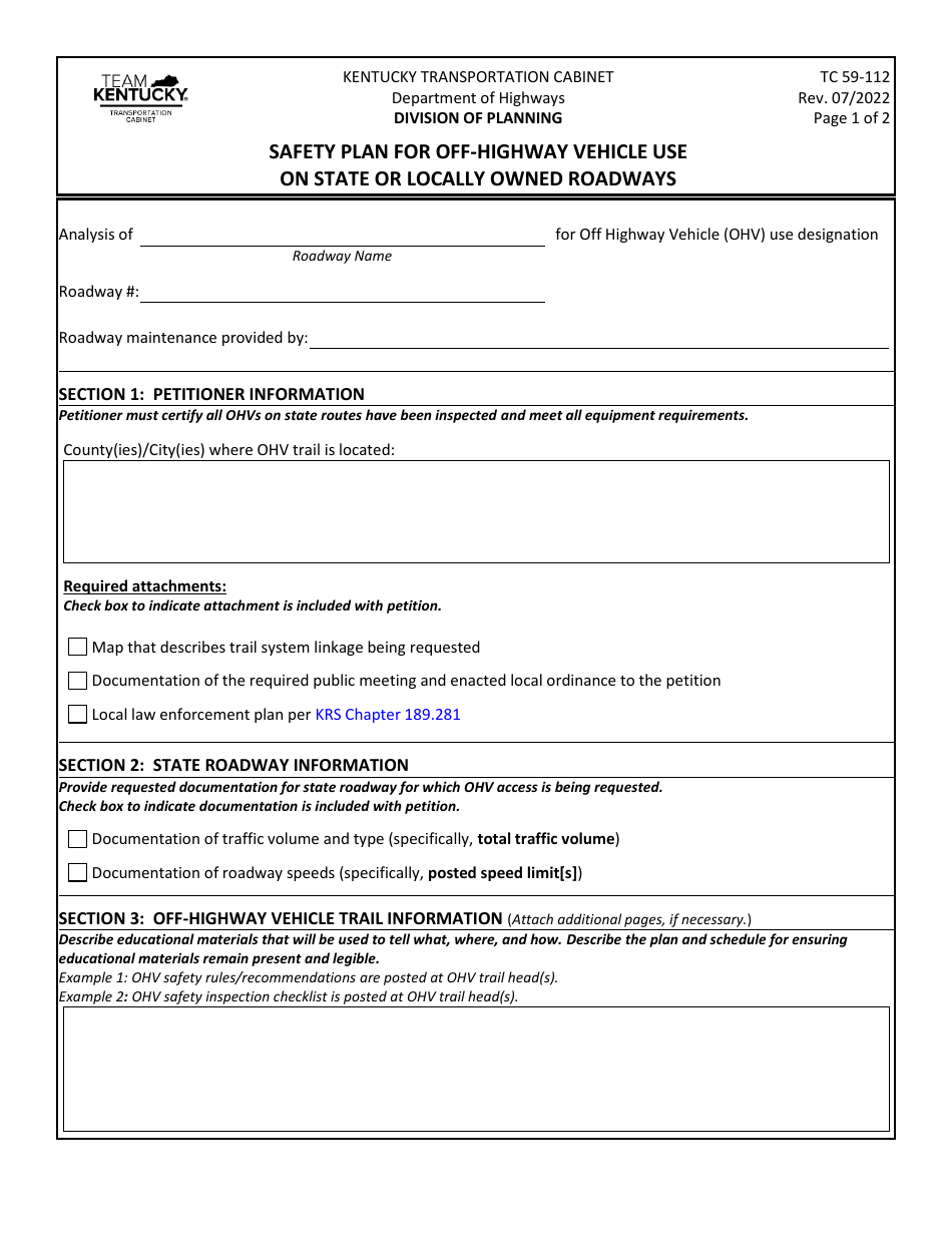 Form TC59-112 Safety Plan for Off-Highway Vehicle Use on State or Locally Owned Roadways - Kentucky, Page 1