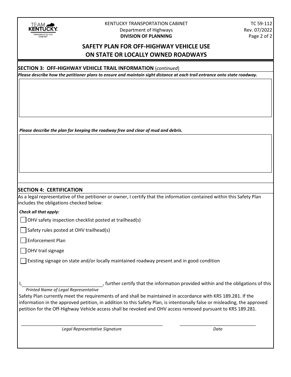 Form TC59-112 Safety Plan for Off-Highway Vehicle Use on State or Locally Owned Roadways - Kentucky, Page 2