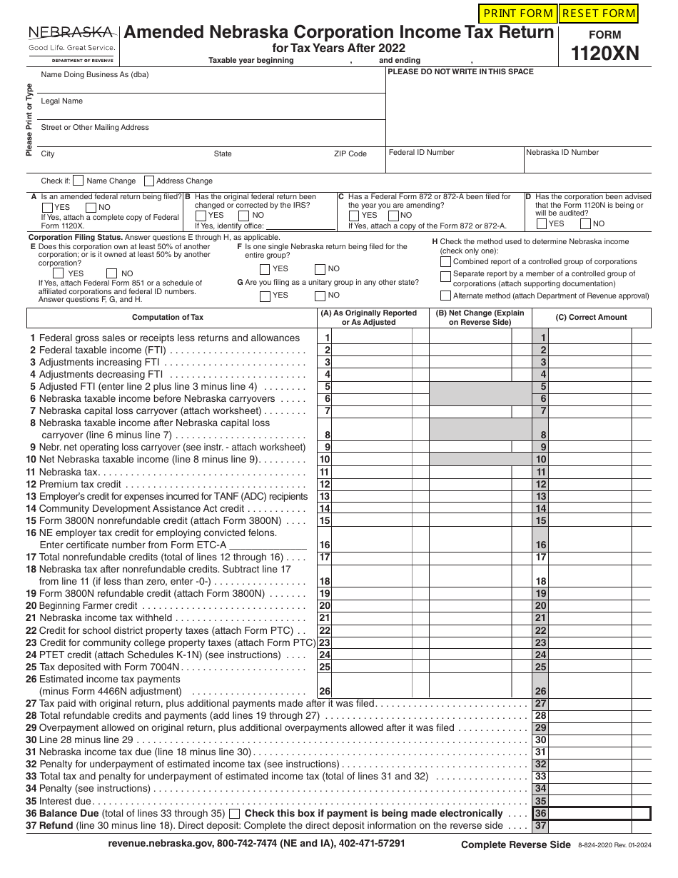 Form 1120XN Amended Nebraska Corporation Income Tax Return - Nebraska, Page 1