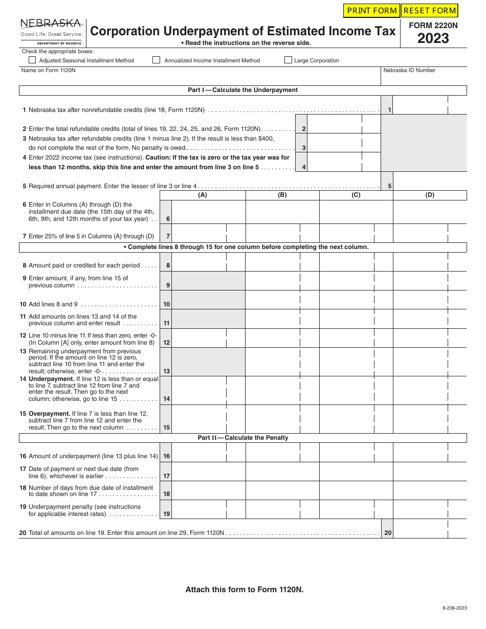 Form 2220N Corporation Underpayment of Estimated Income Tax - Nebraska, Page 1