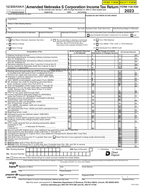 Form 1120-XSN Amended Nebraska S Corporation Income Tax Return - Nebraska, 2023