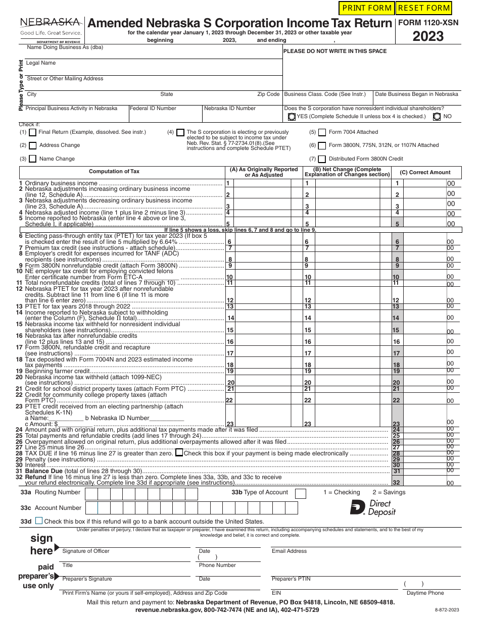 Form 1120-XSN Amended Nebraska S Corporation Income Tax Return - Nebraska, Page 1