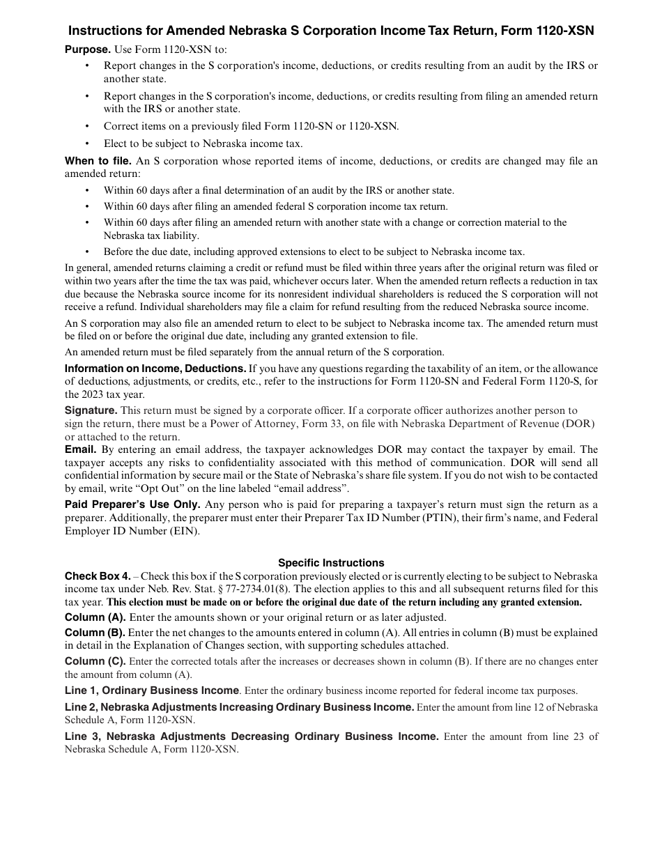 Form 1120-XSN Amended Nebraska S Corporation Income Tax Return - Nebraska, Page 4