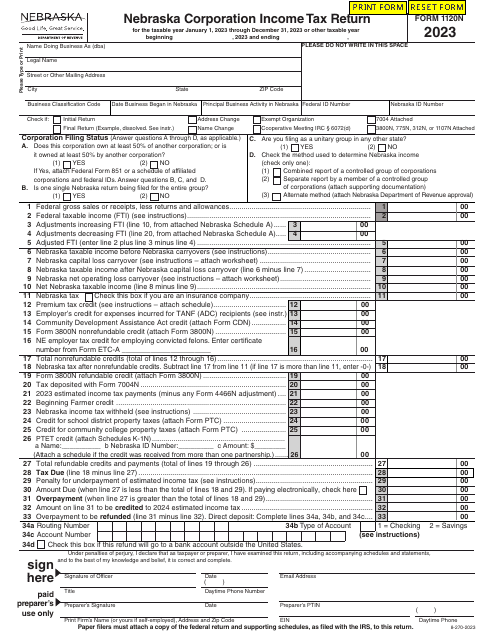 Form 1120N Nebraska Corporation Income Tax Return - Nebraska, 2023