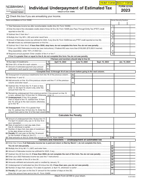 Form 2210N Individual Underpayment of Estimated Tax - Nebraska, 2023