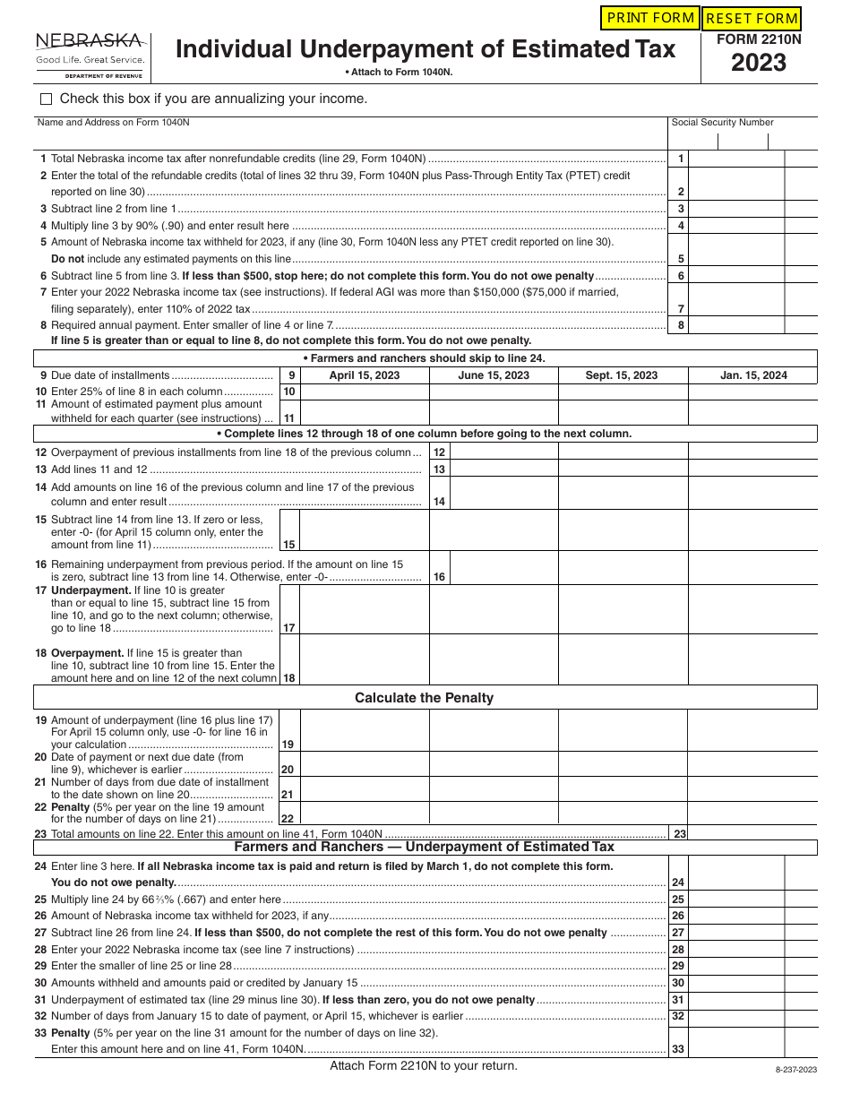 Form 2210N Individual Underpayment of Estimated Tax - Nebraska, Page 1
