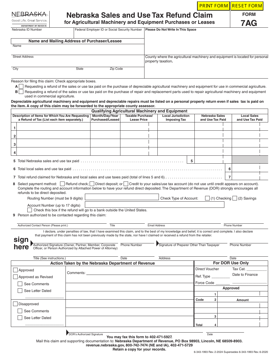 Form 7AG Nebraska Sales and Use Tax Refund Claim for Agricultural Machinery and Equipment Purchases or Leases - Nebraska, Page 1
