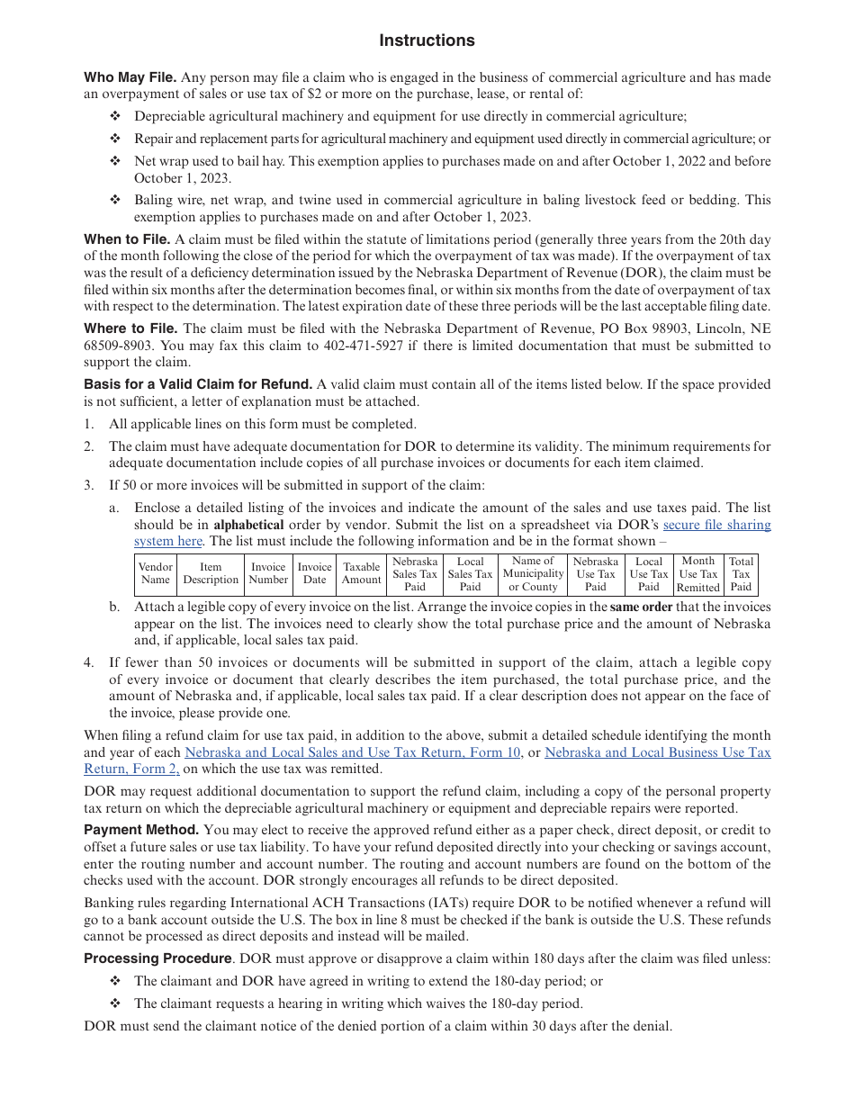 Form 7AG Nebraska Sales and Use Tax Refund Claim for Agricultural Machinery and Equipment Purchases or Leases - Nebraska, Page 2