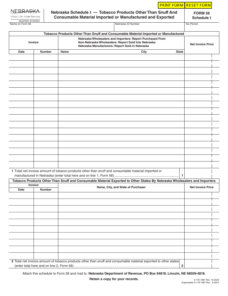 Form 56 Schedule I Tobacco Products Other Than Snuff and Consumable Material Imported or Manufactured and Exported - Nebraska, Page 1
