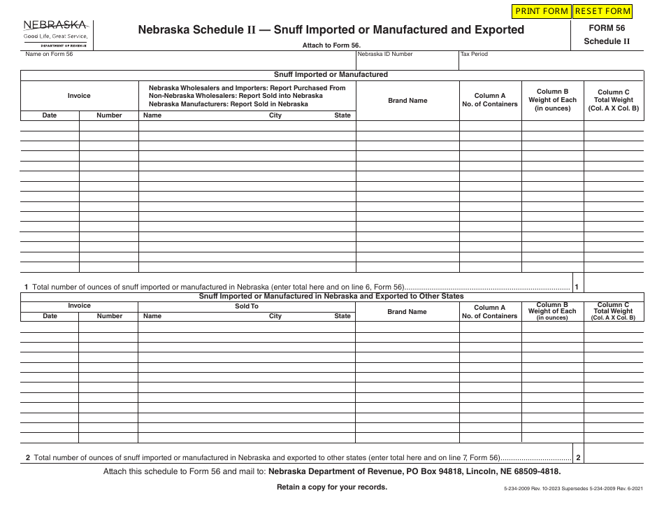 Form 56 Schedule II Snuff Imported or Manufactured and Exported - Nebraska, Page 1