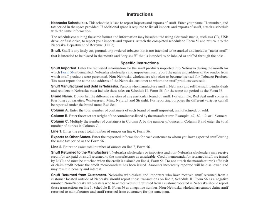 Form 56 Schedule II Snuff Imported or Manufactured and Exported - Nebraska, Page 2