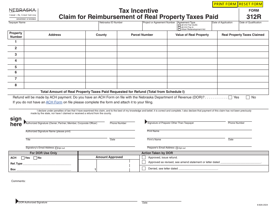 Form 312R Tax Incentive Claim for Reimbursement of Real Property Taxes Paid - Nebraska, Page 1