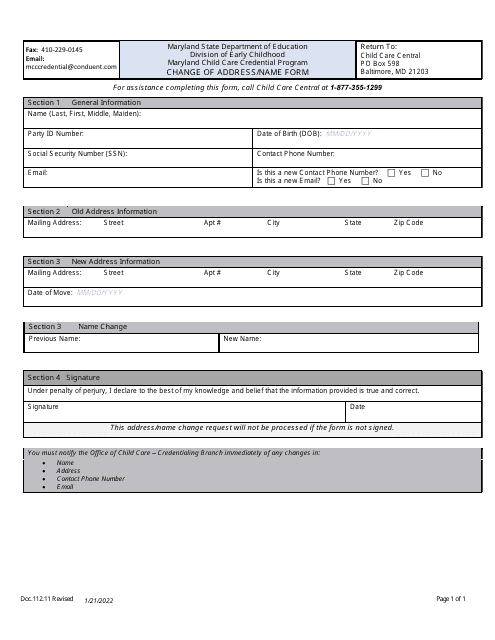 Form DOC.112.11 Change of Address/Name Form - Maryland