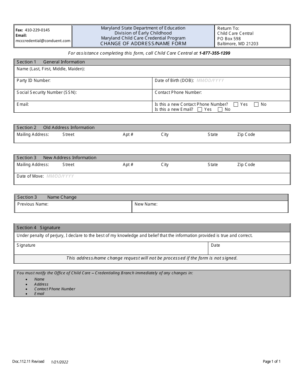 Form DOC.112.11 Change of Address / Name Form - Maryland, Page 1