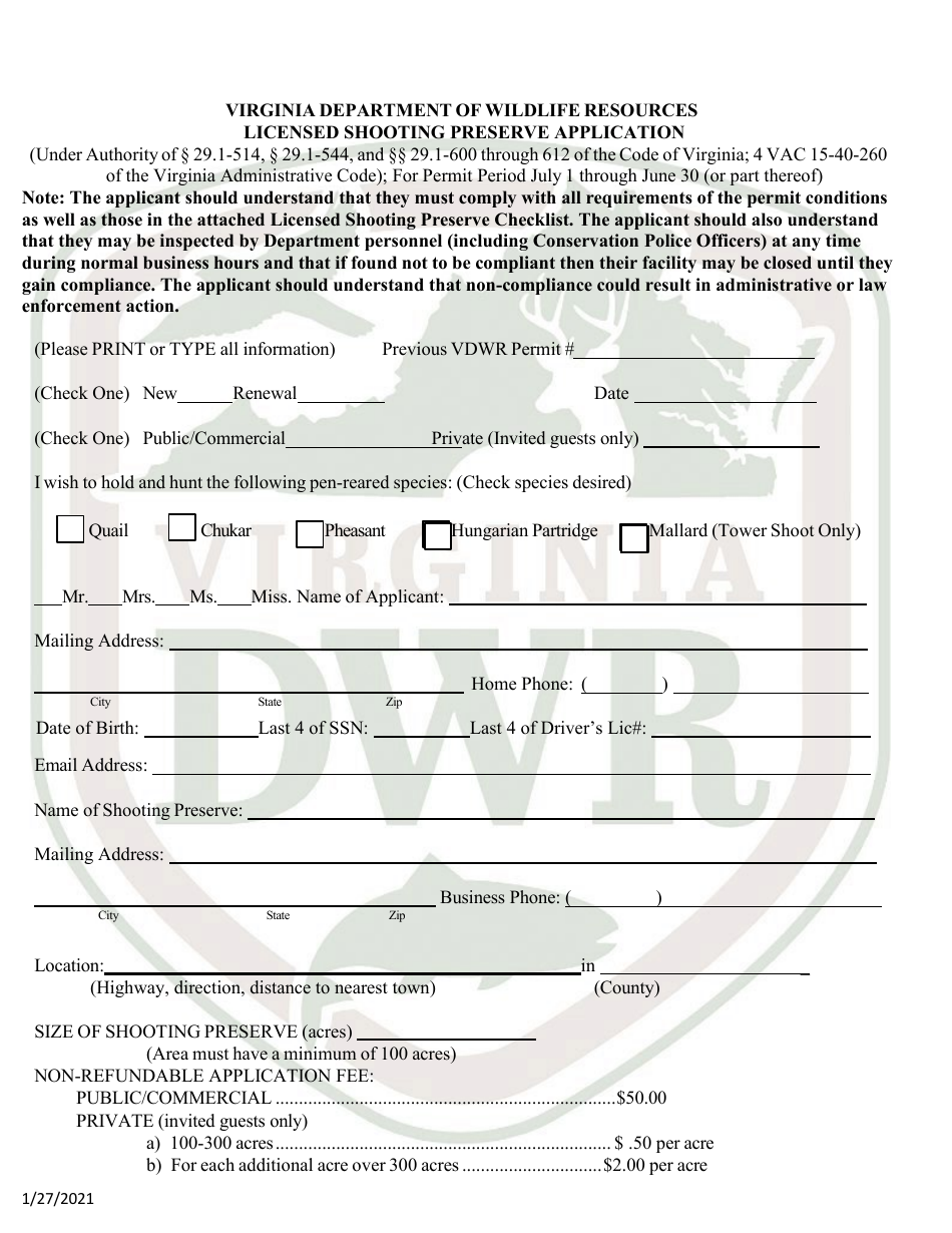 Licensed Shooting Preserve Application - Virginia, Page 1
