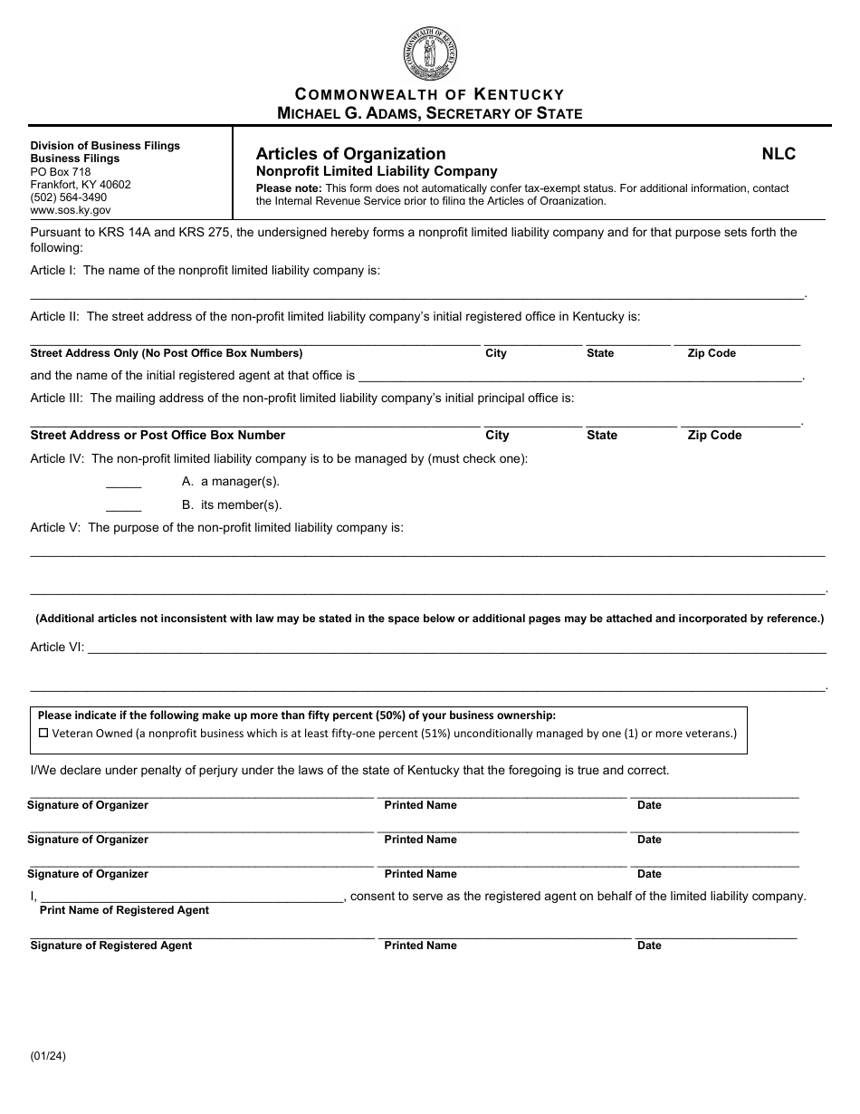 Form NLC Articles of Organization - Nonprofit Limited Liability Company - Kentucky, Page 1